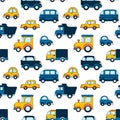 Vector seamless pattern with hand drawn vintage cars made in textured way. Beautiful design elements, perfect for nursery Royalty Free Stock Photo