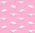 Vector seamless pattern of hand drawn white doodle sketch triceratops and tyrannosaur dinosaur on pink background