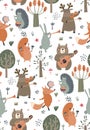 Vector seamless pattern with hand drawn wild forest animals with musical instruments.