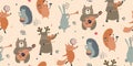 Vector seamless pattern with hand drawn wild forest animals with musical instruments.