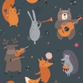 Vector seamless pattern with hand drawn wild forest animals with musical instruments.