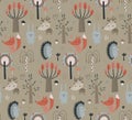 Vector seamless pattern with hand drawn wild forest animals and trees.