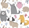 Vector seamless pattern with hand drawn wild forest animals,