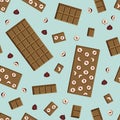 Vector seamless pattern handmade milk chocolate bar with hazelnuts and pieces isolated on blue Royalty Free Stock Photo