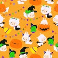 Seamless Pattern with Happy Cute LLama Alpaca and Halloween Elements