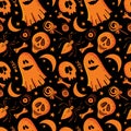 Vector seamless pattern for happy Halloween. Ghost, spider, eye, skull, candy, month, stars. Design for textiles, paper, Wallpaper