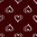 Vector seamless pattern with hatching hearts. White on dark red background