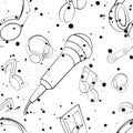 Vector seamless pattern with headphones, microphones,notes, inc splash, blots, smudge and brush strokes Black and white grunge