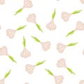 Vector seamless pattern of heads of garlic with sprouts on a white background.