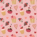 Vector seamless pattern with hearts and chocolate-covered strawberries. Cupcake. Valentines. Symbols of Valentine s day. Hand