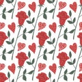 Vector seamless pattern with hearts and flowers. Red rose Valentines. Symbols of Valentine s day. Hand drawn illustration. The