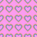 Vector seamless pattern of hearts in rainbow colors. Vector rainbow 8 bit pixel art style heart. LGBT community symbol. Pixel colo