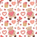 Vector seamless pattern with hearts and teddy bear. andy and cupcake. Valentines. Symbols of Valentine s day. Hand drawn