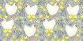 Vector seamless pattern with hens and chicks on floral pastel background. Royalty Free Stock Photo