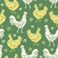 Vector seamless pattern with hens, roosters and flowers on green background. Royalty Free Stock Photo