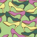Vector seamless pattern of high heels. Woman shoes in stack. Different colorful shoes
