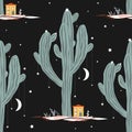 Vector seamless pattern with high saguaro cactus and little houses. Mexican fairy landscape, print for cards or textile