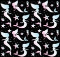 Vector seamless pattern of holographic mermaid