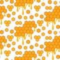Vector seamless pattern with honeycombs and honey on white background. Cartoon texture with hexagon and honey drops Royalty Free Stock Photo
