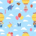 Vector seamless pattern with hot air balloons, cute animals, birds and clouds. Holiday repeating background with adorable flying