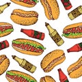 Vector seamless pattern of hot dog, bottle of ketchup and mustard. Fast food cartoon background. Royalty Free Stock Photo