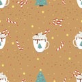 Vector seamless pattern with hot drink in a cute mug in flat design, hot chocolate or coffee with Chrismast tree, candy cance, Royalty Free Stock Photo