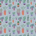 Vector seamless pattern with houseplants in flower pots