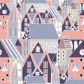 Vector seamless pattern with houses, cartoon hand drawn city background for funny design Royalty Free Stock Photo