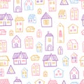 Vector seamless pattern with houses in doodle style. Stylish background for a nursery Royalty Free Stock Photo