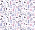 Vector seamless pattern with hunters, hunted deers and dogs. Royalty Free Stock Photo