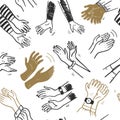 Vector seamless pattern with illustration of applause hand drawn doodle human hands clapping isolated on white background. Royalty Free Stock Photo