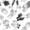 Vector seamless pattern with illustration of applause hand drawn doodle human hands clapping isolated on white background. Royalty Free Stock Photo