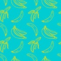 Vector seamless pattern with illustration of bananas in line art yellow color on a blue Royalty Free Stock Photo