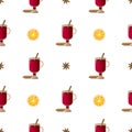 Seamless pattern illustration with composition of cinnamon sticks, irish glasses with mulled wine and orange slices with cardamon