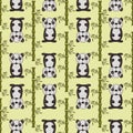 Seamless pattern illustration_4_cute Panda painted in childrens style sitting in a thicket of bamboo with leaves Royalty Free Stock Photo