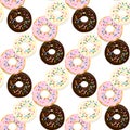 Vector seamless pattern illustration of donuts in chocolate, pink and light glaze on a white Royalty Free Stock Photo