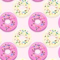 Vector seamless pattern illustration of donuts pink and light glaze on a light pink