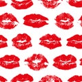 Vector seamless pattern with imprint kiss red lips.