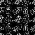 Vector seamless pattern with inscriptions and symbols Sale. Hand drawn background and texture on theme of Black Friday, discounts Royalty Free Stock Photo