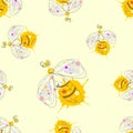 Vector seamless pattern with insect Hand drawn outline decorative endless background with cute drawn wasp Graphic illustration. Li Royalty Free Stock Photo