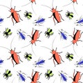 Vector seamless pattern of insect pests - oriental cockroaches, flies, mosquitoes. Bright pest control texture