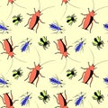 Vector seamless pattern of insect pests - oriental cockroaches, flies, mosquitoes. Bright pest control texture
