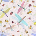 Vector seamless pattern with various insects and flowers. Royalty Free Stock Photo