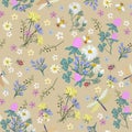 Vector seamless pattern with insects and flowers. Royalty Free Stock Photo