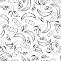 Vector seamless pattern of isolated banana. hand drawn colored exotic fruits. Engraved art.