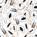 Vector seamless pattern of isolated papaya. hand drawn colored exotic fruits. Engraved art. Royalty Free Stock Photo