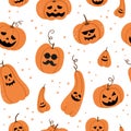 Vector seamless pattern with jack-o-lanterns. Halloween party background with funny pumpkin lanterns. Scary digital paper for Royalty Free Stock Photo