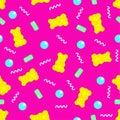 Vector seamless pattern with jelly bears, bubbles and chewing gums.