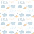 Vector seamless pattern with jellyfish, shells and fish. Baby print. Scandinavian motives