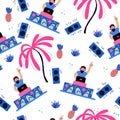 Vector seamless pattern with joyful dj and palm trees. Royalty Free Stock Photo